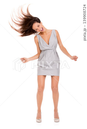 Woman, dancing and crazy hair with music, work fashion and freedom with celebration in a studio. Happy, smile and career achievement with a female person in trendy clothes with white background Woman, dancing and crazy hair with music, work fashion and freedom with celebration in a studio. Happy, smile and career achievement with a female person in trendy clothes with white background 139908724