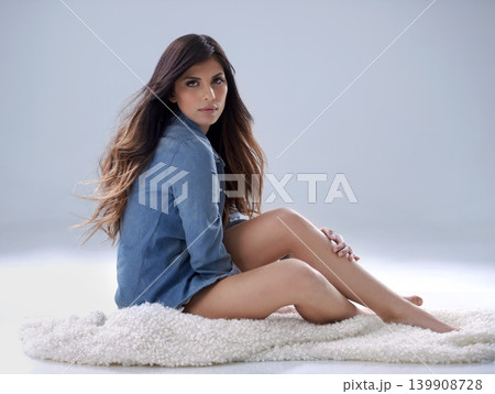 Woman, portrait and fashion with hair in studio, relax in denim shirt and style, casual clothes and cosmetics with treatment. Haircare, salon treatment and cosy designer apparel on white background Woman, portrait and fashion with hair in studio, relax in denim shirt and style, casual clothes and cosmetics with treatment. Haircare, salon treatment and cosy designer apparel on white background 139908728