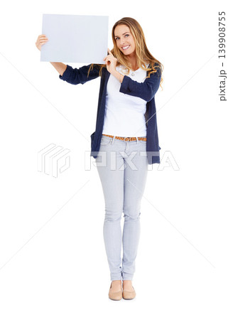 Presentation, blank poster and portrait of woman in studio for deal, promo or happy news mockup. Signage, offer and girl with announcement on sign, opinion or info on cardboard with white background. Presentation, blank poster and portrait of woman in studio for deal, promo or happy news mockup. Signage, offer and girl with announcement on sign, opinion or info on cardboard with white background. 139908755
