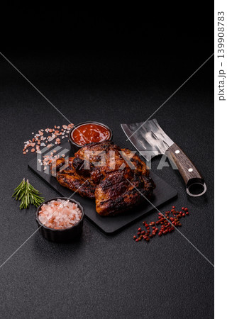 Chicken or turkey, poultry breast baked on the grill or barbecue. Grilled chicken 139908783