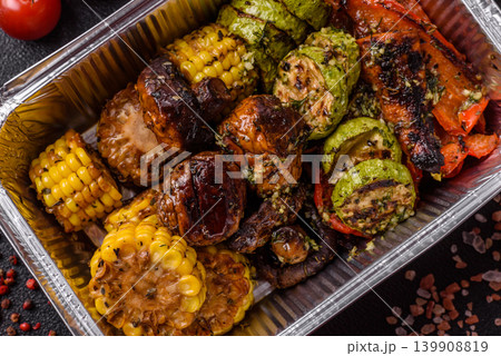 Vegetables such as corn, bell peppers, zucchini, and grilled mushrooms. Grilled vegetables 139908819