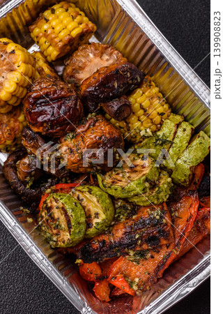 Vegetables such as corn, bell peppers, zucchini, and grilled mushrooms. Grilled vegetables Vegetables such as corn, bell peppers, zucchini, and grilled mushrooms. Grilled vegetables 139908823