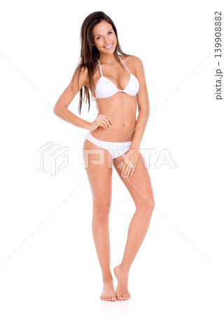 Bikini, portrait and woman with confidence in fashion on studio, white background and mock up. Happy, model and girl with beauty in underwear for summer, vacation or swimwear style for holiday Bikini, portrait and woman with confidence in fashion on studio, white background and mock up. Happy, model and girl with beauty in underwear for summer, vacation or swimwear style for holiday 139908882