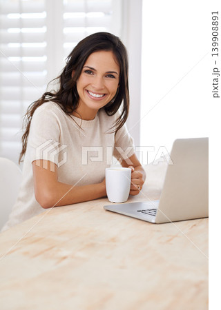 Coffee, smile and portrait of woman with laptop working on creative project at home office. Happy, technology and female freelance designer with cappuccino and computer in workspace at apartment. 139908891