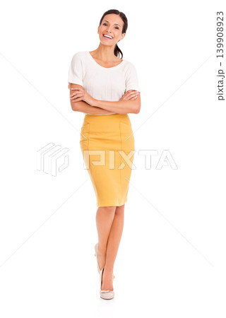 Portrait, fashion and happy woman with arms crossed in studio isolated on a white background mockup space. Confidence, smile and person in casual dress, clothes and laughing on a backdrop in Brazil Portrait, fashion and happy woman with arms crossed in studio isolated on a white background mockup space. Confidence, smile and person in casual dress, clothes and laughing on a backdrop in Brazil 139908923