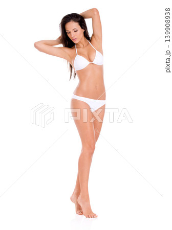 Thinking, lingerie and woman with fitness, body and person isolated on a white studio background. Model, mockup space and girl in underwear, skincare and aesthetic with workout, healthy and wellness Thinking, lingerie and woman with fitness, body and person isolated on a white studio background. Model, mockup space and girl in underwear, skincare and aesthetic with workout, healthy and wellness 139908938