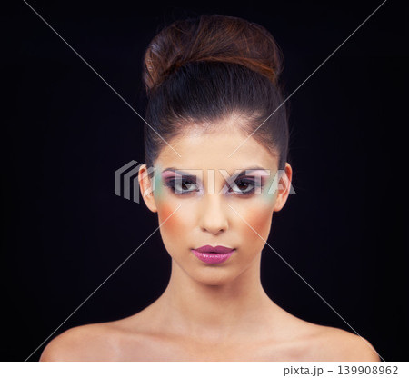 Colorful, makeup and creative portrait with woman in studio and black background with beauty. Cosmetics, creativity and model with unique identity or rainbow aesthetic with confidence in skincare 139908962