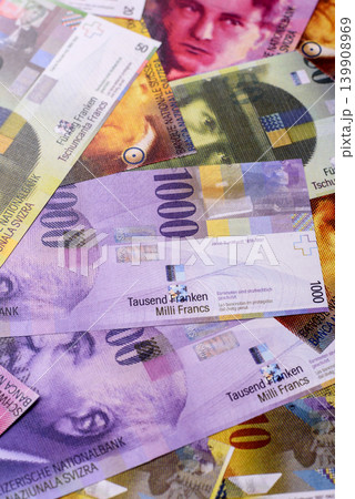 Switzerland, Swiss franc paper money and coins, financing and commodity exchange. Swiss currency 139908969