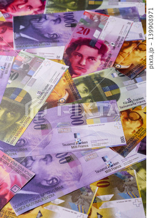 Switzerland, Swiss franc paper money and coins, financing and commodity exchange. Swiss currency 139908971