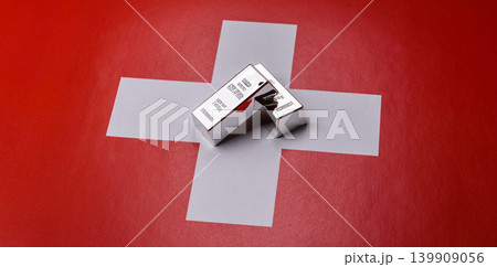 A silver bar, white metal against a backdrop of Swiss flag, as a concept for the sales. A silver bar A silver bar, white metal against a backdrop of Swiss flag, as a concept for the sales. A silver bar 139909056