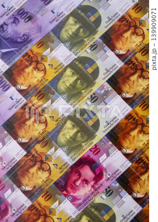 Switzerland, Swiss franc paper money and coins, financing and commodity exchange. Swiss currency Switzerland, Swiss franc paper money and coins, financing and commodity exchange. Swiss currency 139909071
