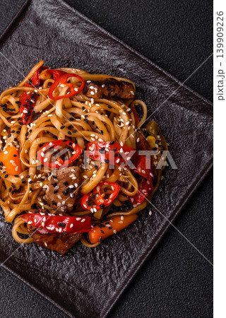 Food, Chinese or Japanese noodles with meat, vegetables, and spices. Noodles with beef 139909226