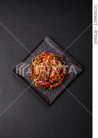Food, Chinese or Japanese noodles with meat, vegetables, and spices. Noodles with beef 139909231