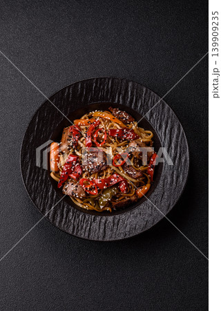 Food, Chinese or Japanese noodles with meat, vegetables, and spices. Noodles with beef 139909235