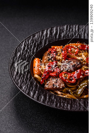 Food, Chinese or Japanese noodles with meat, vegetables, and spices. Noodles with beef 139909240