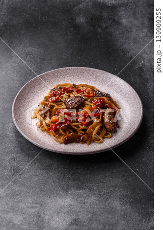 Food, Chinese or Japanese noodles with meat, vegetables, and spices. Noodles with beef 139909255