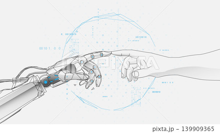 Human hand and robot finger touch a digital global virtual circuit board in the background 139909365