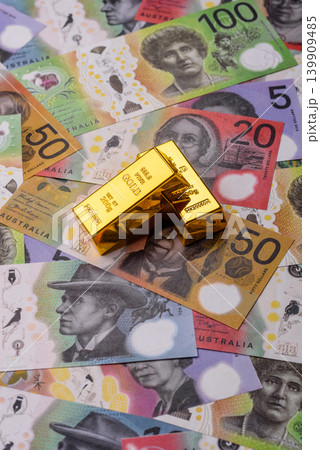 Australian gold bars or ingots as a tool for balance, financial investment. Australian gold bars 139909485