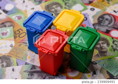 Bins for garbage, a conceptual background for selective and recycling waste disposal. Bins for trash 139909491