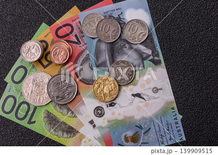 Australia, Australian paper money and coins, cash for financial transactions. Australian dollars Australia, Australian paper money and coins, cash for financial transactions. Australian dollars 139909515