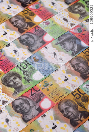 Australia, Australian paper money and coins, cash for financial transactions. Australian dollars Australia, Australian paper money and coins, cash for financial transactions. Australian dollars 139909523