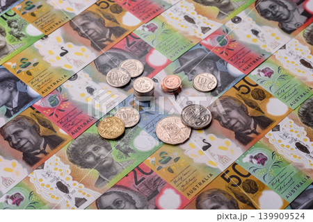 Australia, Australian paper money and coins, cash for financial transactions. Australian dollars Australia, Australian paper money and coins, cash for financial transactions. Australian dollars 139909524