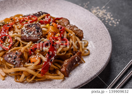 Food, Chinese or Japanese noodles with meat, vegetables, and spices. Noodles with beef 139909632