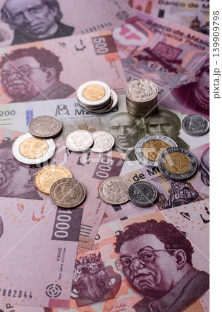 Mexican paper money, peso in various denominations. Mexican money Mexican paper money, peso in various denominations. Mexican money 139909798