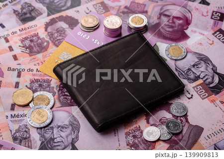 Mexico, Mexican peso, paper money and coins, financing and commodity exchange. Mexican currency Mexico, Mexican peso, paper money and coins, financing and commodity exchange. Mexican currency 139909813