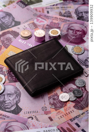 Mexico, Mexican peso, paper money and coins, financing and commodity exchange. Mexican currency Mexico, Mexican peso, paper money and coins, financing and commodity exchange. Mexican currency 139909932