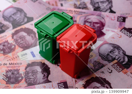 Bins for garbage, a conceptual background for selective and recycling waste disposal. Bins for trash Bins for garbage, a conceptual background for selective and recycling waste disposal. Bins for trash 139909947