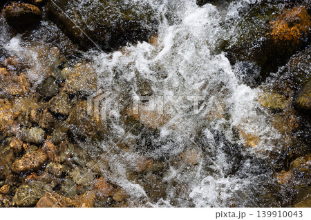 Cool fresh water flowing over stones in a Scottish mountain stream Cool fresh water flowing over stones in a Scottish mountain stream 139910043