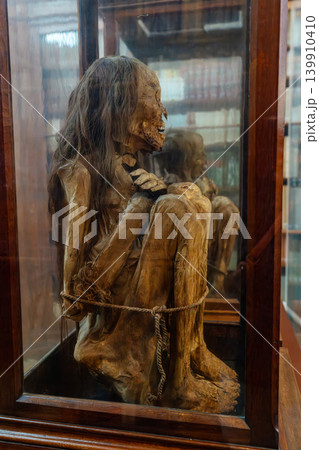 Preserved mummified body displayed in museum glass case Preserved mummified body displayed in museum glass case 139910410