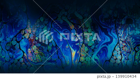 Dye water. Rainbow pollution. Defocused blue purple yellow colorful chemical round oil water liquid leak on abstract dark black background. Dye water. Rainbow pollution. Defocused blue purple yellow colorful chemical round oil water liquid leak on abstract dark black background. 139910434