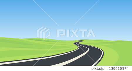 Winding Road Landscape, Cartoon Vector Illustration. Scenic Highway. Summer Countryside Square Background. Curved Asphalt Road Perspective Winding Road Landscape, Cartoon Vector Illustration. Scenic Highway. Summer Countryside Square Background. Curved Asphalt Road Perspective 139910574