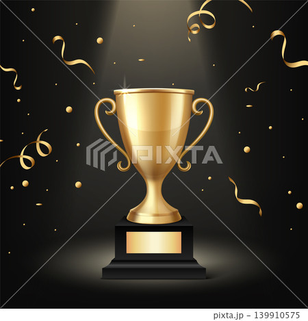 Vector Golden Trophy Cup Award on Black Background with Confetti. Winner Prize for Championship and Success Celebration. Competition, Ceremony, Achievement Concept Vector Golden Trophy Cup Award on Black Background with Confetti. Winner Prize for Championship and Success Celebration. Competition, Ceremony, Achievement Concept 139910575