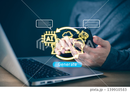 Person use smartphone and laptop with glowing AI icons, illustrating artificial intelligence generation, cloud processing, machine learning, and modern digital innovation for tech workflow. 139910583