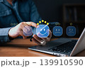 Customer satisfaction survey concept, hand touching smartphone to select happy face with five stars. Online service rating, user experience, business review, positive opinion. 139910590