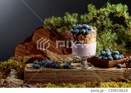 Blueberry dessert with rye flakes and fresh berries. Blueberry dessert with rye flakes and fresh berries. 139910628
