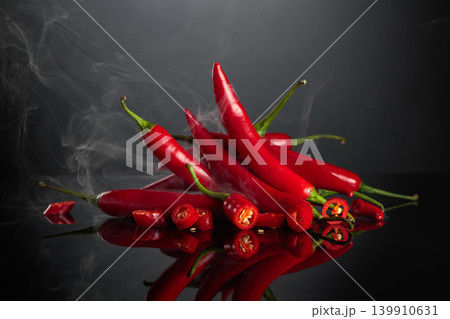 Fresh red chili peppers on a black reflective background. Fresh red chili peppers on a black reflective background. 139910631