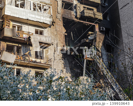 Multistory residential building after being hit Shahed attack drone 139910643