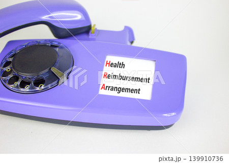 HRA health reimbursement arrangement symbol. Concept words HRA health reimbursement arrangement on beautiful old disk phone. Beautiful white background. Medical HRA concept. Copy space. 139910736
