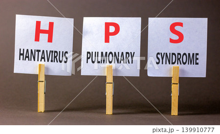 HPS hantavirus pulmonary syndrome symbol. Concept words HPS hantavirus pulmonary syndrome on beautiful white papers. Beautiful grey background. Medical HPS Hantavirus concept. Copy space. 139910777