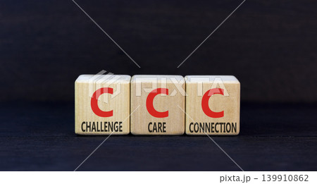 CCC challenge care connection symbol. Concept words CCC challenge care connection on beautiful wooden blocks. Beautiful black background. Business CCC challenge care connection concept. Copy space. 139910862