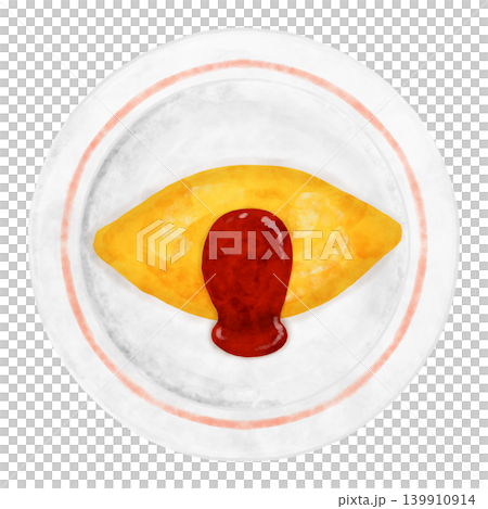Watercolor-style omelet rice with salmon pink lines, plate, overhead view, top view, illustration, cafe. Watercolor-style omelet rice with salmon pink lines, plate, overhead view, top view, illustration, cafe. 139910914