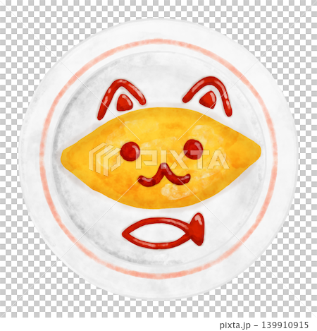 Watercolor-style children's omelet rice with cat decoration and salmon pink lines. Plate, overhead view, top view illustration, cafe. Watercolor-style children's omelet rice with cat decoration and salmon pink lines. Plate, overhead view, top view illustration, cafe. 139910915