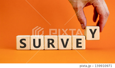 Survey word symbol. Concept word Survey on beautiful wooden blocks. Beautiful orange background. Psychologist's hand. Business psychological medical survey word concept. Copy space. Survey word symbol. Concept word Survey on beautiful wooden blocks. Beautiful orange background. Psychologist's hand. Business psychological medical survey word concept. Copy space. 139910971