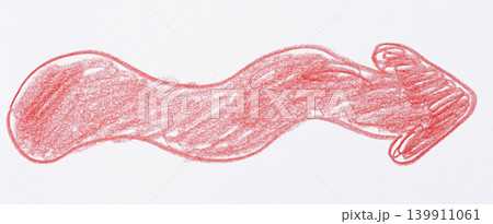A horizontal red arrow with a wave-like curve, drawn in pencil on a white background A horizontal red arrow with a wave-like curve, drawn in pencil on a white background 139911061