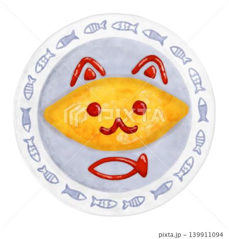 水彩風 お子様オムライス 猫デコ ブルー 魚柄 マリン 北欧風 お皿 俯瞰 真上 イラスト カフェ 139911094