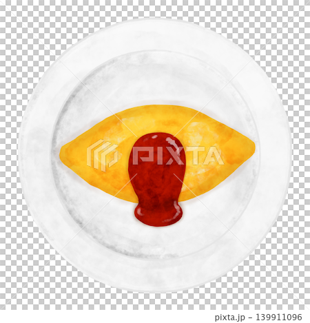 Watercolor-style omelet rice on a simple white plate, overhead view, illustration, cafe. Watercolor-style omelet rice on a simple white plate, overhead view, illustration, cafe. 139911096